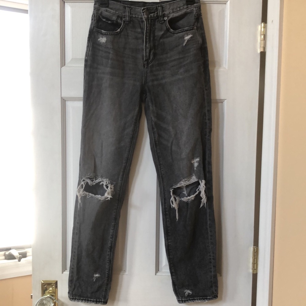 American Eagle Dark grey/distressed ripped mom jeans, size 2 LONG